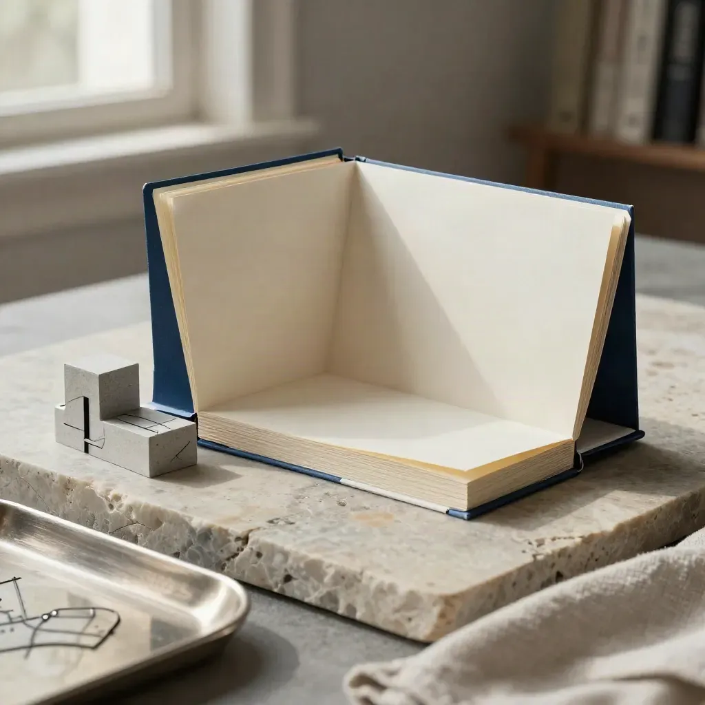 Folded search guide booklet with tabs and folders on a pale stone slab, softly lit