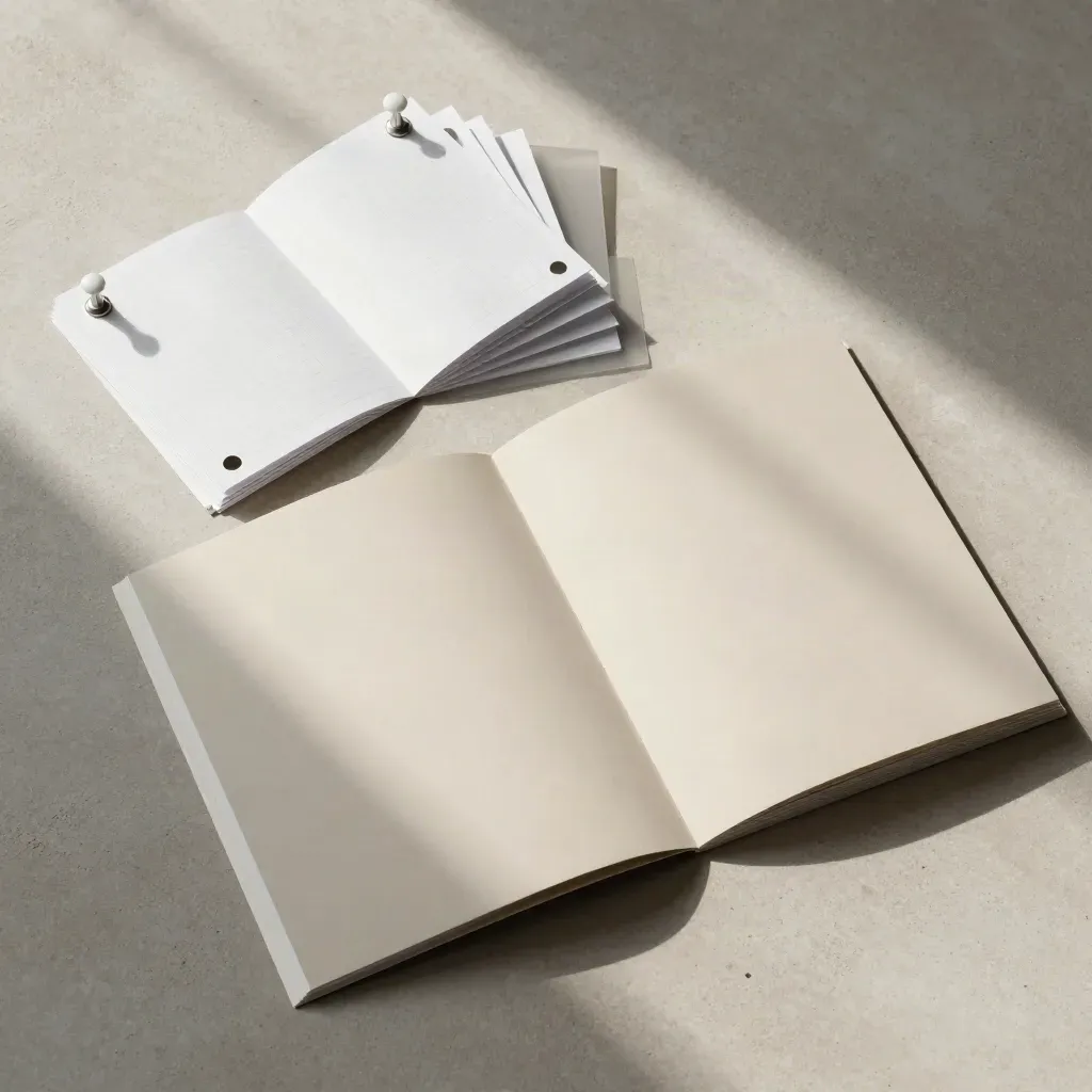 Overhead flatlay of folded map folios, route cards, and pin markers on pale concrete.