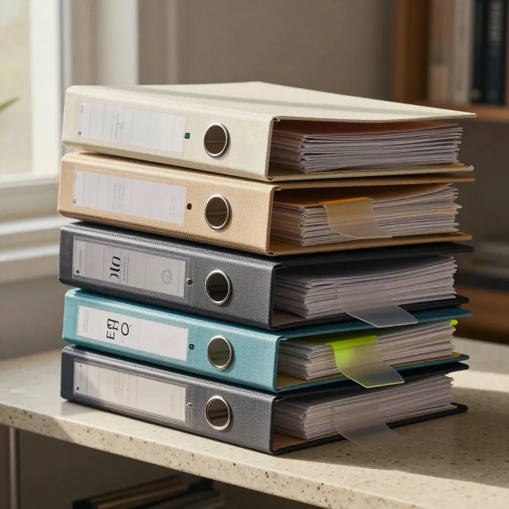 Stack of SEO audit binders and folders on travertine with soft mist and teal accents