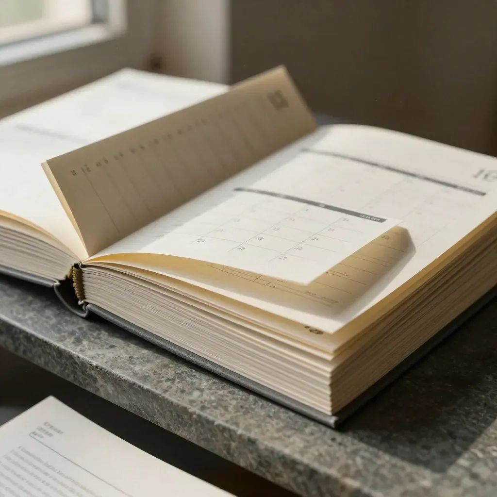 Macro of paper booklet with slate tabs and a folded insert, pages arcing upward on stone.