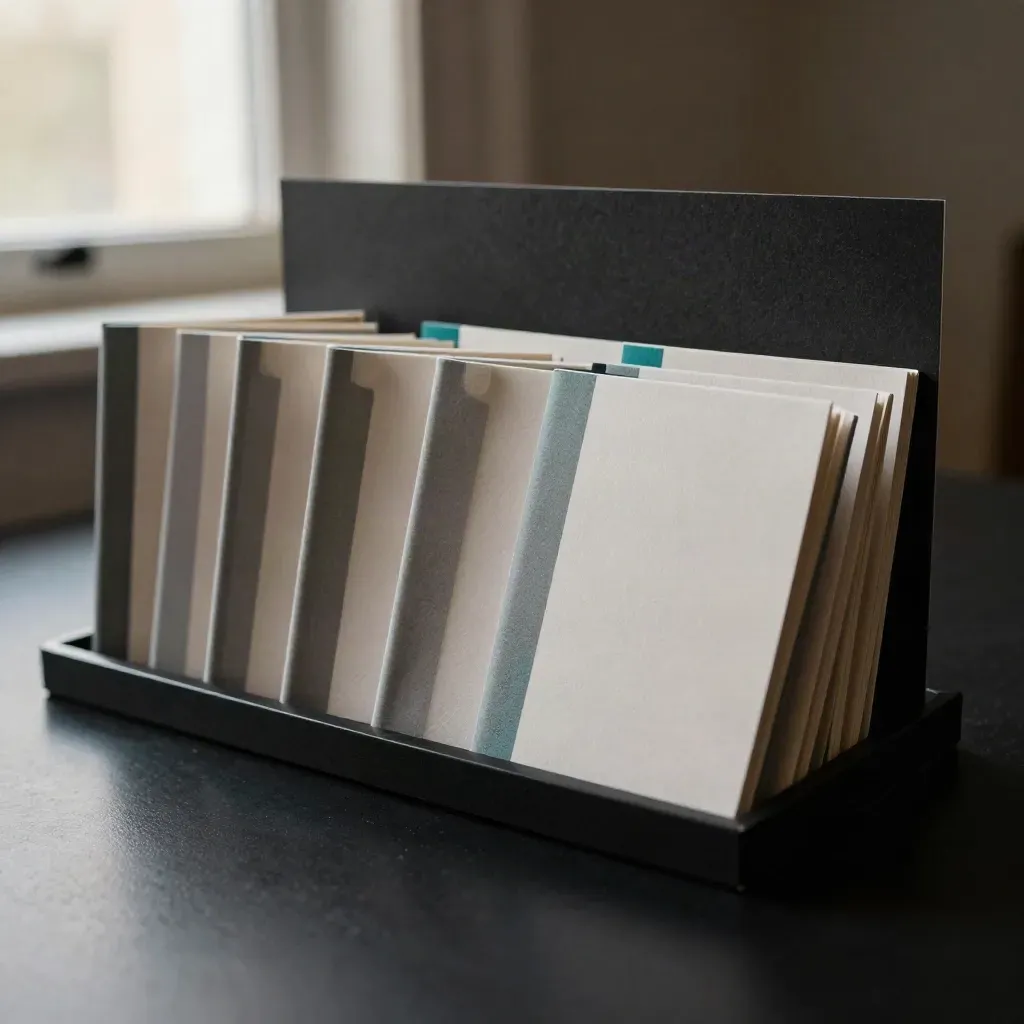 Twelve unbranded SEO guidelets fanned around a tray on a dark studio surface.
